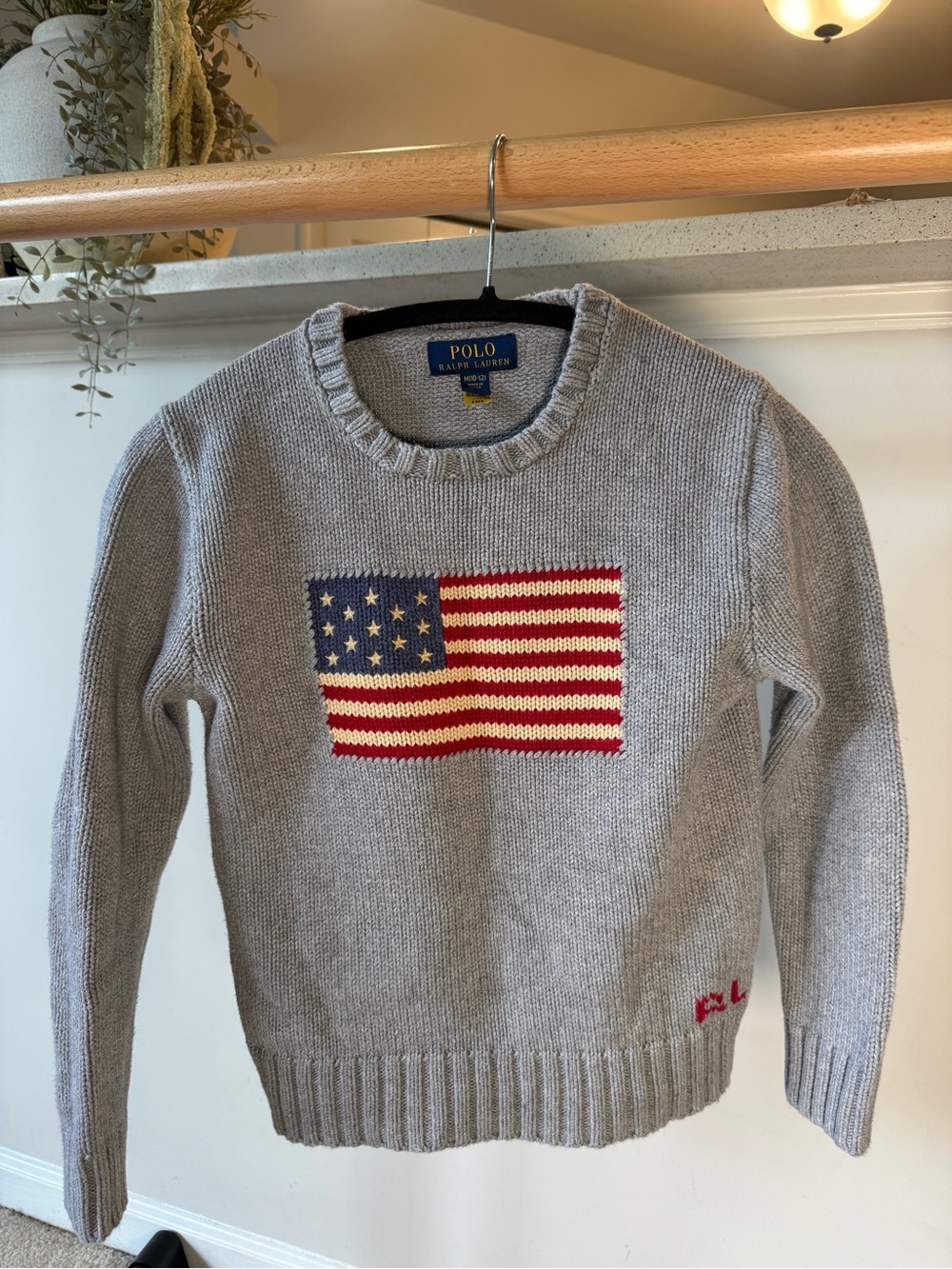 Polo by Ralph Lauren Light Gray Crewneck Sweater with American Flag Knit
